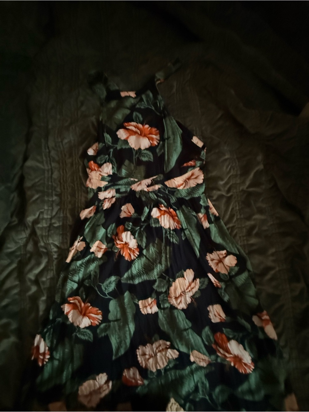 Aakaa Navy Midi Dress with Green Leaves and Peach Floral Print